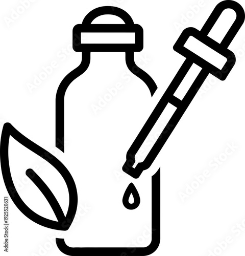 Glass bottle and dropper with liquid essence, natural leaf near. Organic cosmetic product concept. Vector icon for beauty salon, spa, medicine, pharmacy