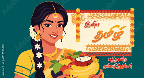 Happy Tamil New Year Illustration of Traditional South Indian Woman in Saree with Temple Background