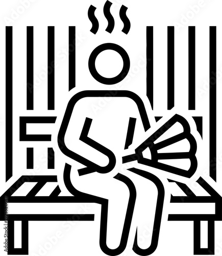 Man in sauna using a broom. Spa treatment, relaxing, wellness, and healthy lifestyle concept. Black outline vector icon for web, app, or print