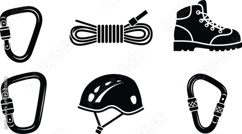 Set of black mountain climbing icons featuring carabiners, safety helmet, hiking boot, and coiled climbing rope isolated on white background