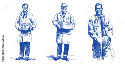 Male pharmacist holding medicine boxes healthcare portrait. Professional pharmacy worker with medical supplies, background for pharmacy advertising. Detailed hand drawn line sketch illustration style.