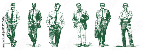 Business men team professional corporate characters set. Confident office workers in formal suits standing in different poses. Detailed hand drawn pencil sketch style for corporate presentations.