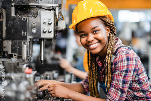 A smiling young woman in a yellow safety helmet operates machinery in an industrial workshop.