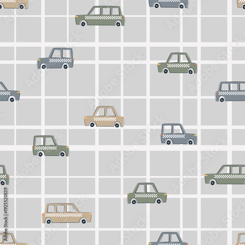 Whimsical Seamless Pattern with Cute Hand Drawn Cars on Grid Background. Adorable City Traffic Theme for Baby Textiles, Kids Fashion, Nursery Wallpaper, and Gift Wrapping. Vector Art.