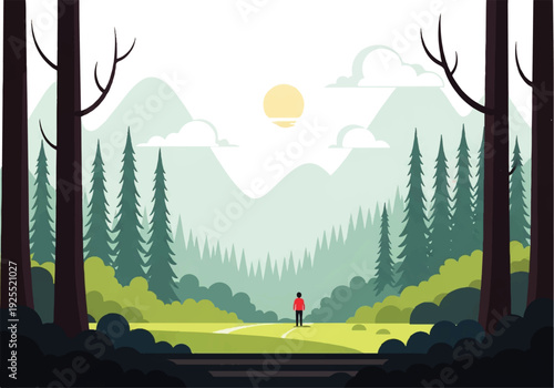 A person in a red outfit walks through a serene forest landscape with tall trees, mountains, and a sunny sky in the background, creating a peaceful atmosphere for a background video.