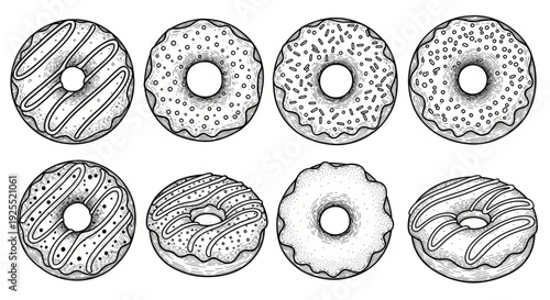 A delectable assortment of hand-drawn donuts in a vintage linocut style, showcasing various sweet toppings and intricate details, perfect for bakery themes and confectionery designs