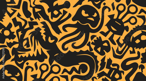 Mythological mer octopus creature doodle pattern on vibrant orange background