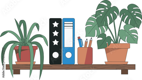 Modern home office shelf with indoor plants, binders and stationery organizer minimalist flat vector illustration design