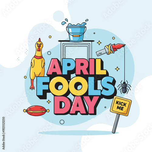 April Fools Day Cartoon Illustration with Funny Prank Elements