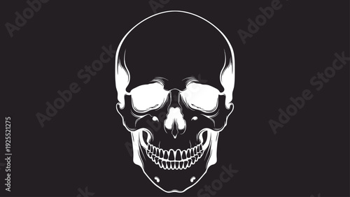 Detailed human skull illustration on black background, anatomical gothic horror concept high contrast vector artwork design