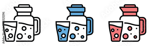 Set of three colorful cocktail shakers with citrus juices and ice isolated on white background