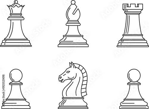 Set of chess piece line icons featuring queen, bishop, rook, knight, and pawn isolated on white background for strategy game design