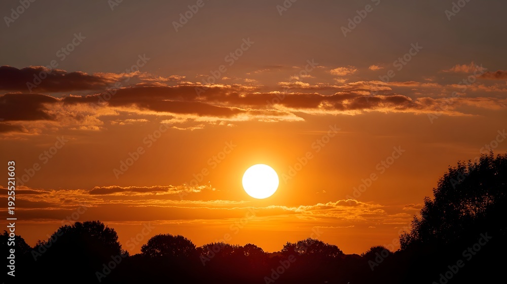 Obraz premium A breathtaking sunset paints the sky in vibrant hues of orange and red silhouetting trees against the radiant glow