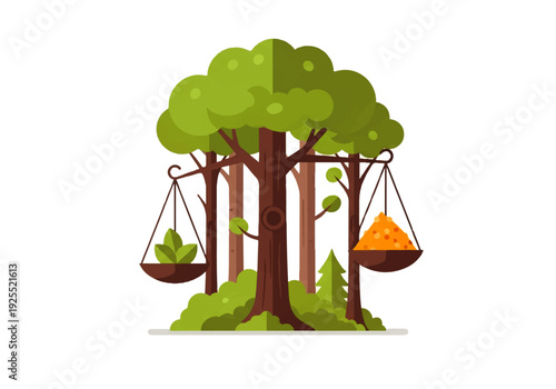 A colorful illustration of trees with a scale balancing a pile of gold and a green plant in a natural setting against a clean white background.