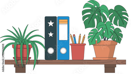 Office shelf with potted plants, binders and stationery supplies illustration, modern workspace decor vector on white background