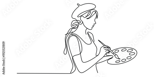 Minimalist continuous line drawing of female artist with palette and brush
