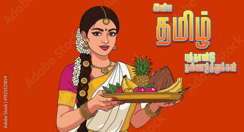 Happy Tamil New Year Illustration of Traditional South Indian Woman in Saree with Temple Background