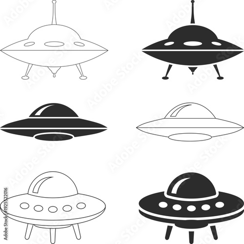 UFO Flying Saucer Icon Set Silhouette, Vintage Flat Design Flying Saucers, Isolated flying saucer on white background