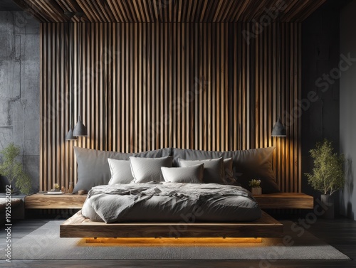 A bed with a wooden headboard and a wooden floor