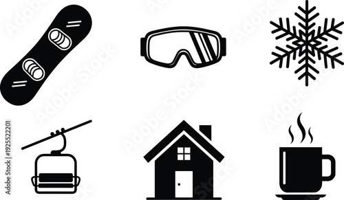 Winter sports icon set featuring snowboard, ski goggles, snowflake, cable car, mountain cabin, and hot coffee isolated on white background