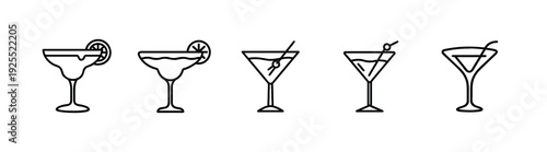 Cocktail glass outline icon set featuring margarita martini and daiquiri with lemon slice or olive for bar restaurant menu and more vector illustration or editable stroke