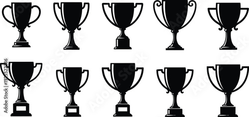 Trophy Cup Vector Silhouette Set, Championship Award Icons, Sports Competition Winners, Gold Prize Clipart, Achievement Symbols, Victory Medals, Success Logo Elements.