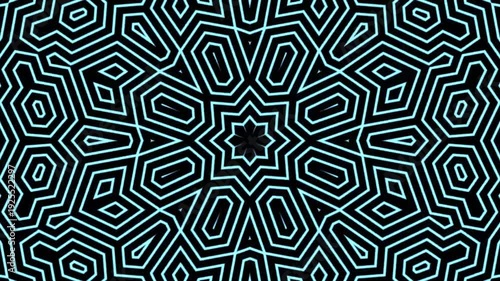Neon cyan geometric kaleidoscope pattern on black background 4k
