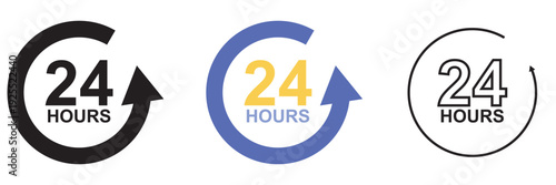24 Hours Service  Icons. Set of 24h service icons with  in different styles and colors, symbolizing nonstop support and round the clock availability.