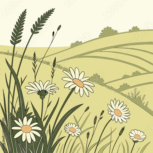 Charming illustration of daisies and grasses in a lush field with gentle rolling hills under a soft sky, evoking a peaceful countryside atmosphere.