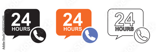 24 Hours Service  Icons. Set of 24h service icons with  in different styles and colors, symbolizing nonstop support and round the clock availability.