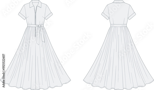 Short sleeve pleated maxi dress technical fashion illustration, front and back view flat sketch with waist tie detailShort sleeve pleated maxi dress technical fashion illustration, front and back 