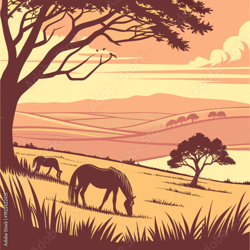 Silhouette of two horses grazing in a golden field at sunset, with trees and distant hills under a warm, cloudy sky.