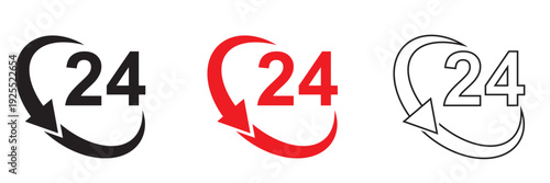 24 Hours Service  Icons. Set of 24h service icons with  in different styles and colors, symbolizing nonstop support and round the clock availability.