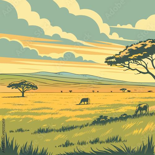 Serene African savanna landscape illustration at sunset, featuring acacia trees, grazing animals, and rolling hills under a dramatic, colorful sky.