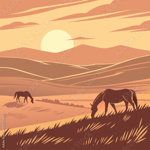 Two horses grazing in a warm landscape with rolling hills and mountains at sunset, rendered in a stylized graphic art.