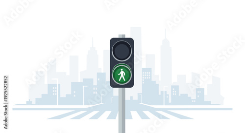 A black pedestrian traffic signal displays a green walking figure in front of a light grey city skyline and crosswalk.