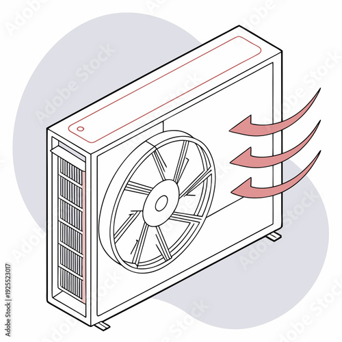 Isometric line drawing of an air conditioning outdoor unit showing fan and heat dissipation with red arrows