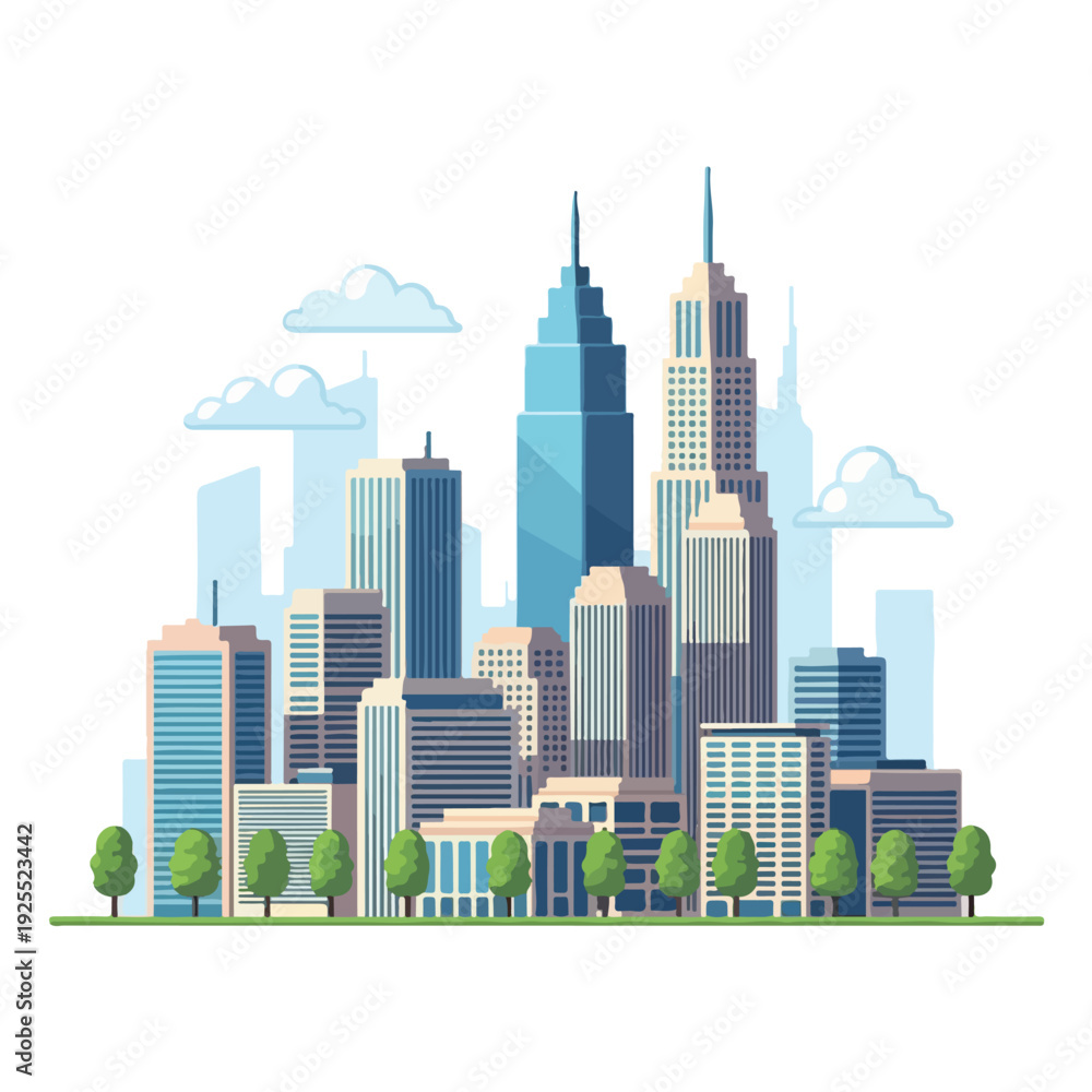 Obraz premium City skyline with modern skyscrapers and green trees
