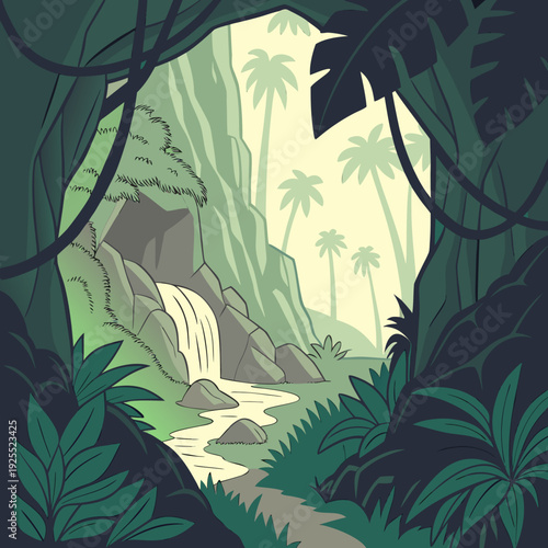Mysterious jungle cave entrance with a small waterfall and winding path, viewed through dense tropical foliage