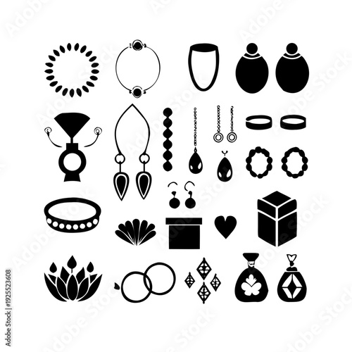 Decorative jewelry silhouettes featuring rings earrings and perfume bottles