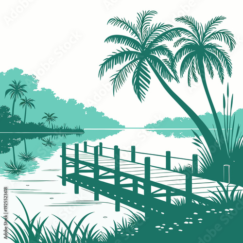 Tranquil tropical scene with a wooden pier extending into serene water, flanked by palm trees and lush green coastal vegetation.