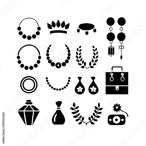 Stylish fashion accessory silhouettes including necklaces crowns and bags