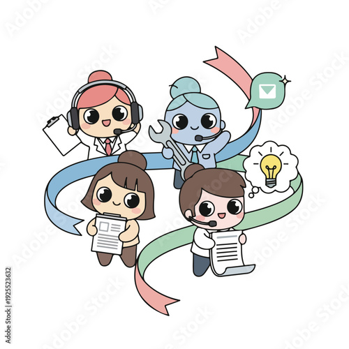 Cartoon coworkers brainstorming with documents and ideas