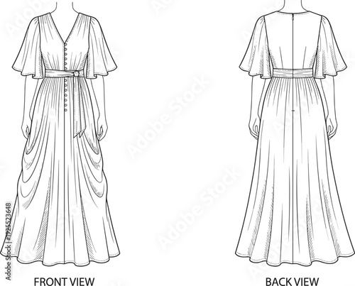 V neck flutter sleeve maxi dress fashion illustration, front and back view technical flat sketch with waist sash detail