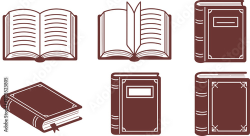 Vintage book collection set illustration, open and closed hardcover literature icons vector isolated on white background