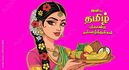 Happy Tamil New Year Illustration of Traditional South Indian Woman in Saree with Temple Background