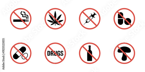Anti-Addiction Prohibition Sign Set - Professional Vector Icons for No Drugs, No Alcohol, and No Smoking Safety Notices