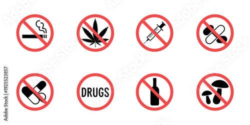 Say No to Drugs Prohibition Icon Set, Addiction and Substance Ban Vector Illustration
