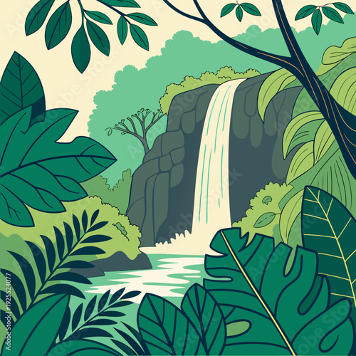 Vibrant cartoon-style jungle waterfall surrounded by large tropical leaves and green trees, playful nature scene illustration