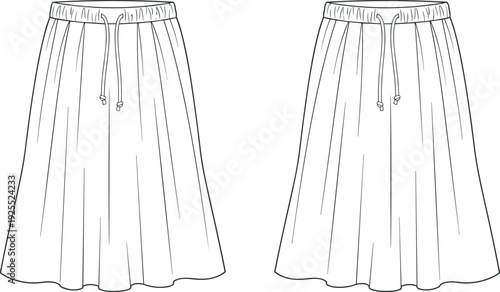 Women elastic waistband wide leg palazzo pants technical flat sketch, front and back view vector illustration